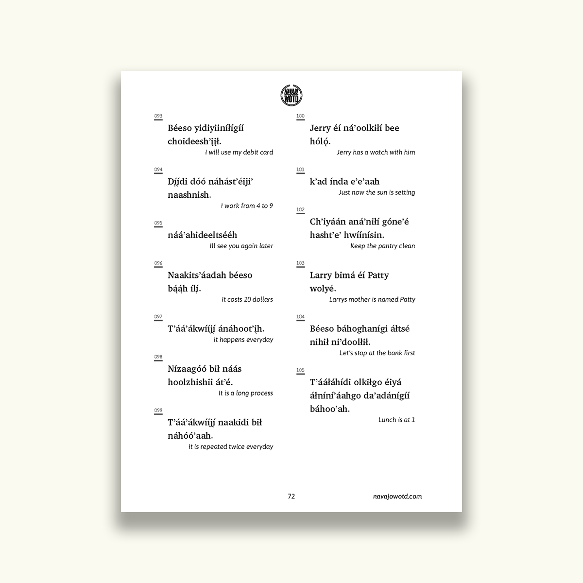 Preview of the PDF e-book showing phrases in Navajo
